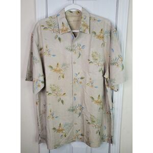 Tommy Bahama Shirt Large Men Beige Hawaiian 100% Silk Short Sleeve Casual Button